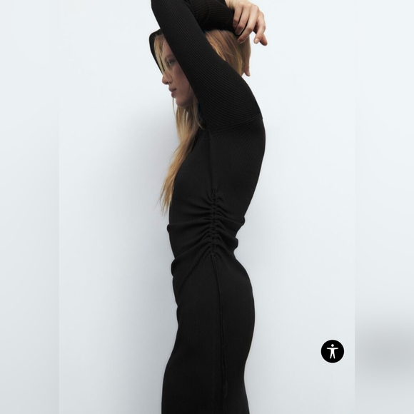 ZARA* round neck long sleeve side ruche rib knit body con dress - Picture 4 of 17